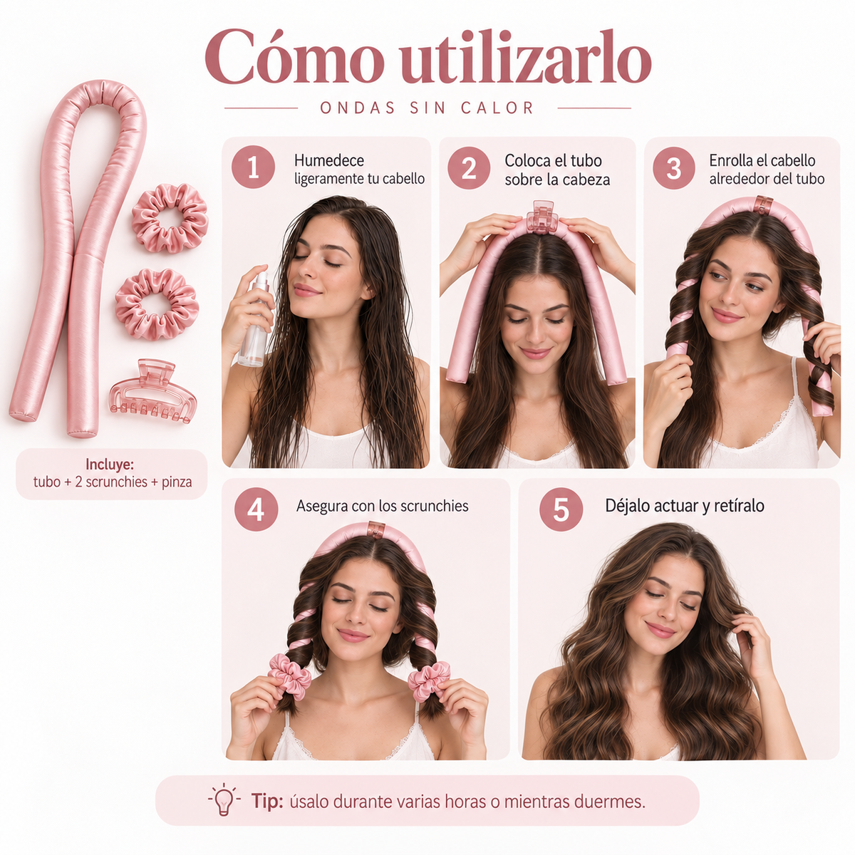 Kit para Ondas sin Calor | Rizador de Cabello con Scrunchies y Pinza