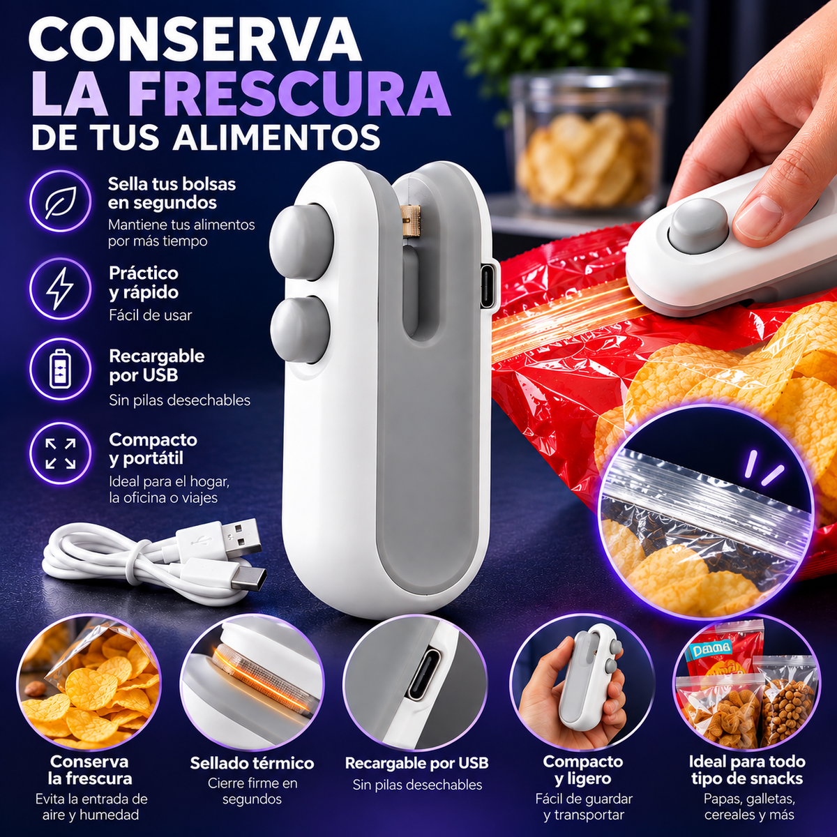 Sellador de Bolsas Portátil Recargable USB