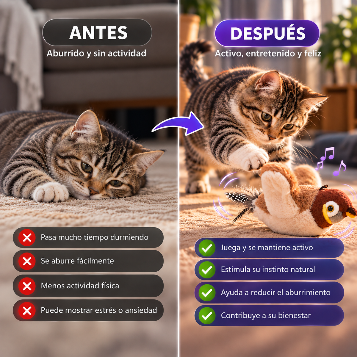 Juguete Interactivo para Gatos | Pájaro con Movimiento y Sonido