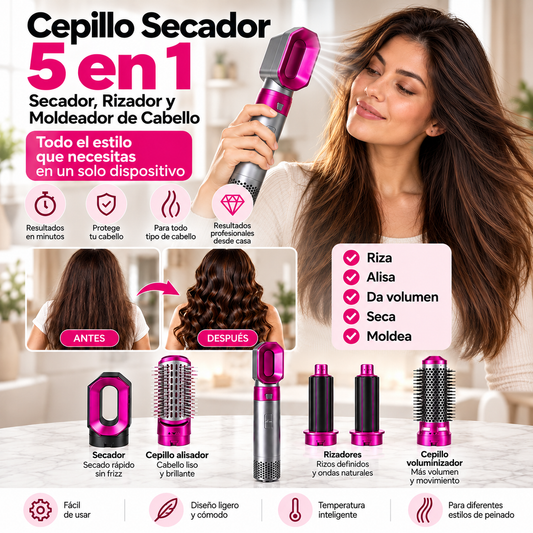 Cepillo Secador 5 en 1 | Secador, Rizador y Moldeador de Cabello