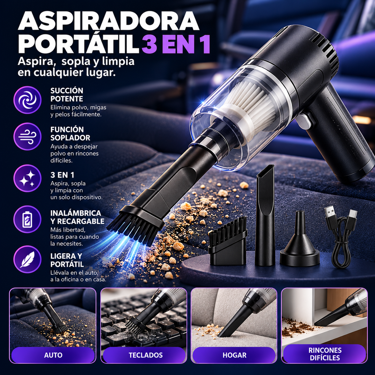 Aspiradora Portátil 3 en 1 para Auto y Hogar