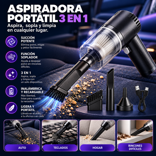 Aspiradora Portátil 3 en 1 para Auto y Hogar