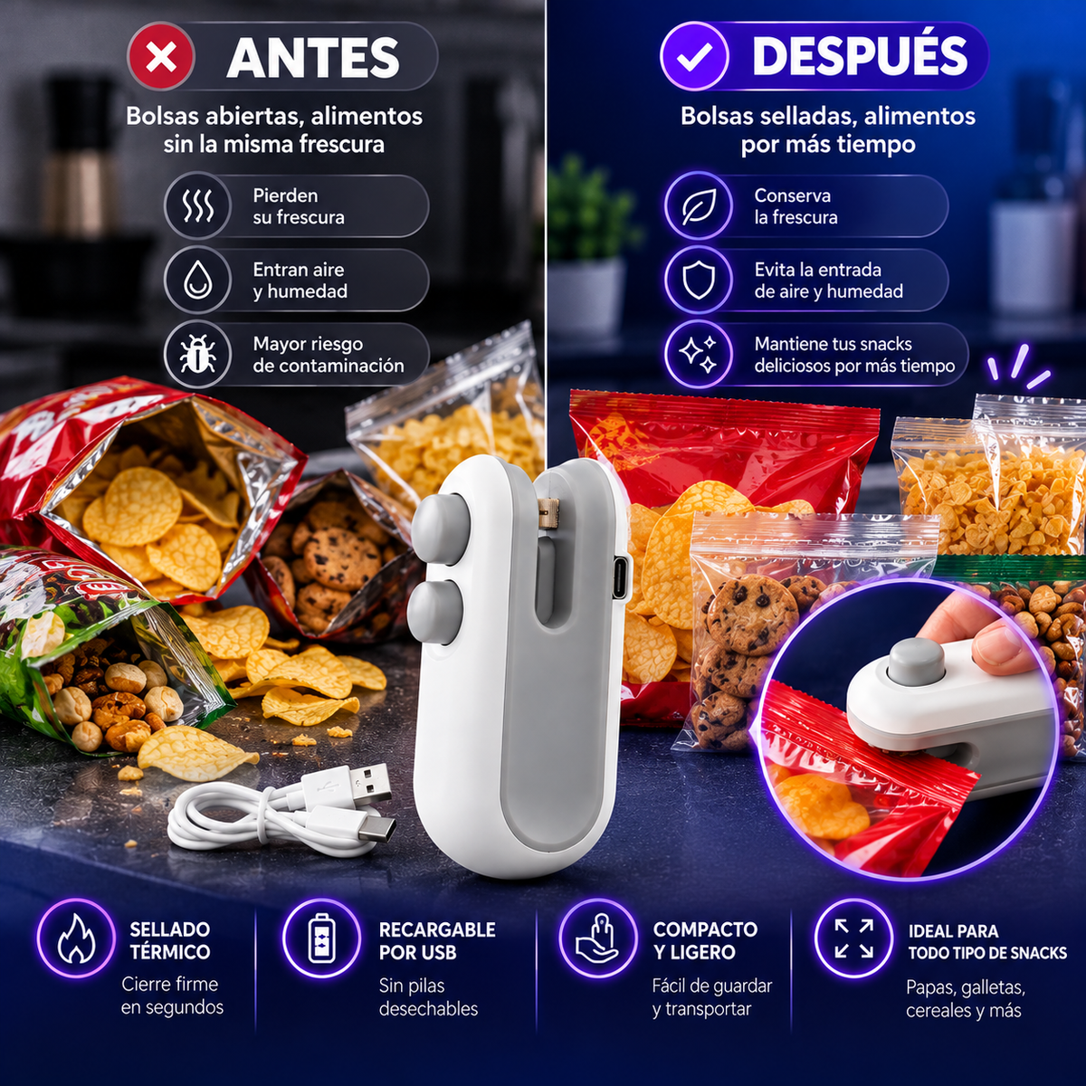 Sellador de Bolsas Portátil Recargable USB