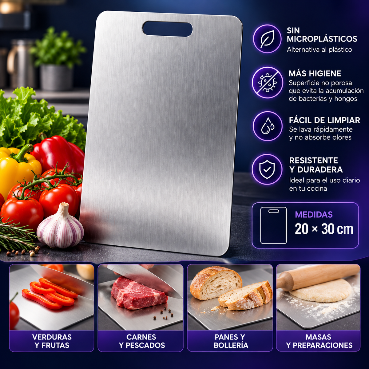Tabla de Picar de Acero Inoxidable 20 × 30 cm | Más Higiene en tu Cocina